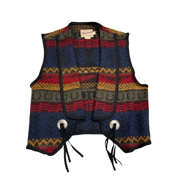 Vintage Woolrich Women’s Vest Aztec Blanket Fringe Concho Bolero Size Small - Picture 1 of 9